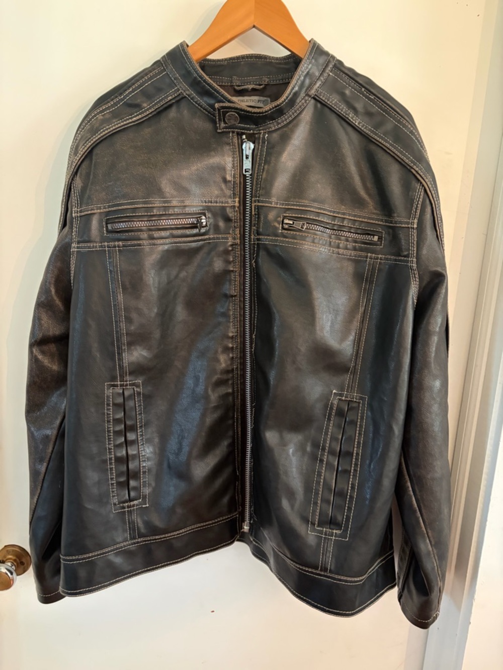 BKE Black Leather Bomber Jacket with Contrast Stitching